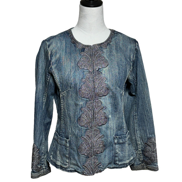 Coldwater Creek Jacket 10 Petite Blue Denim Embroidered Hook & Eye Closure - Picture 1 of 12